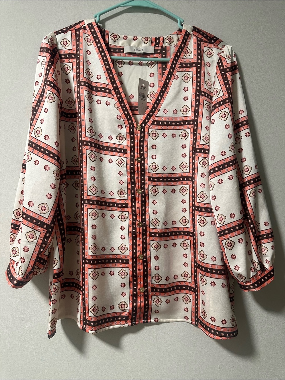 LOFT White Button-Front Blouse with Coral & Black Geometric Print
